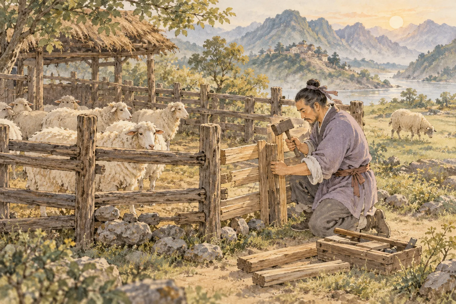 Người chăn nuôi sửa hàng rào, đàn cừu đứng trong chuồng.