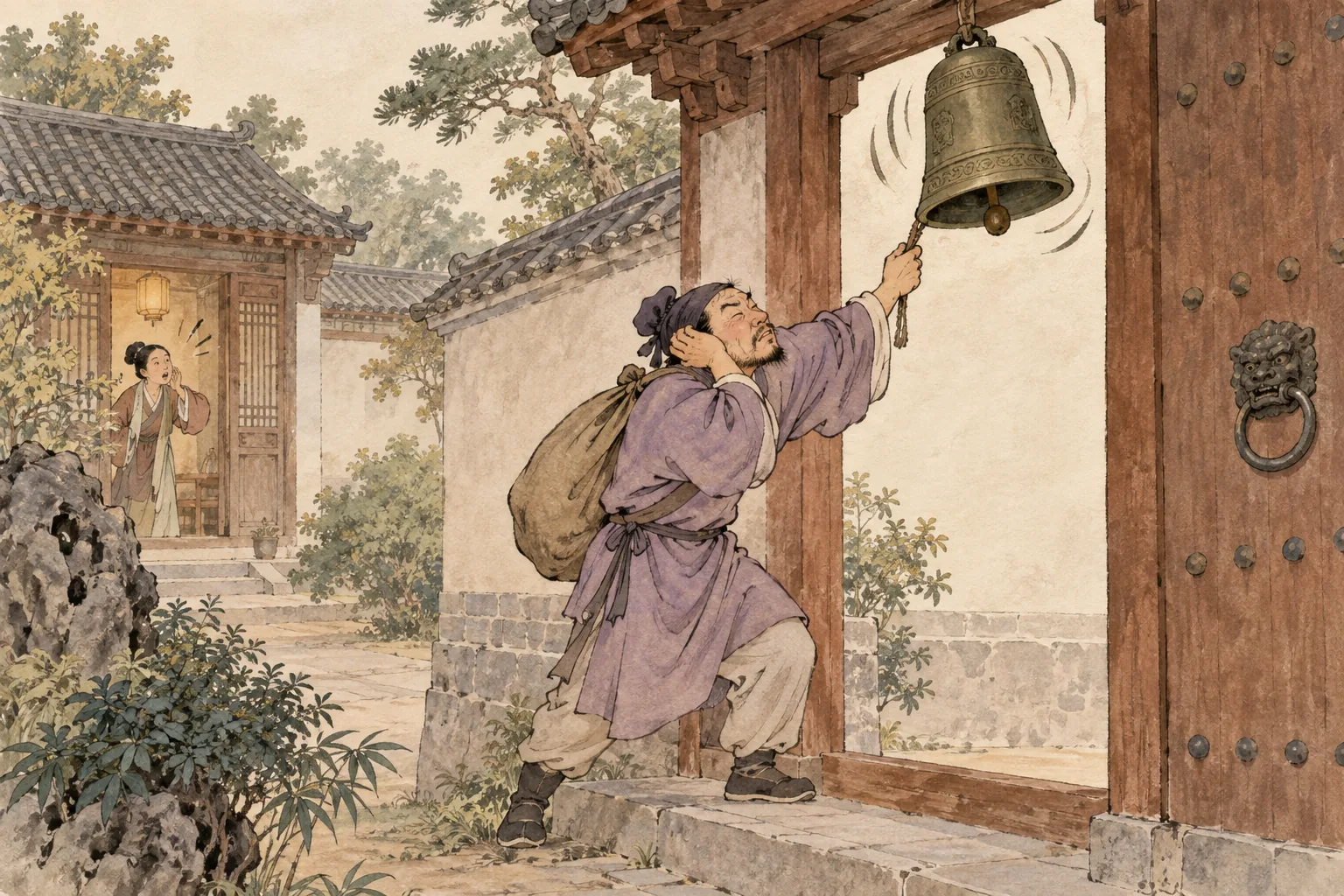 Người trộm bịt tai bên chiếc chuông đang rung.