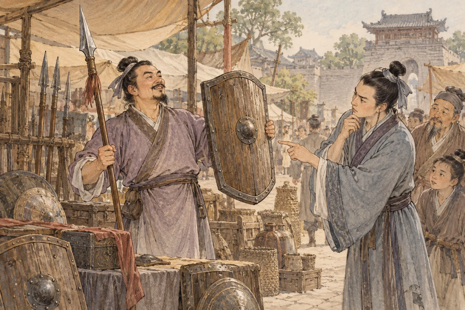 Người bán giơ giáo và khiên trước khách hàng đang thắc mắc.