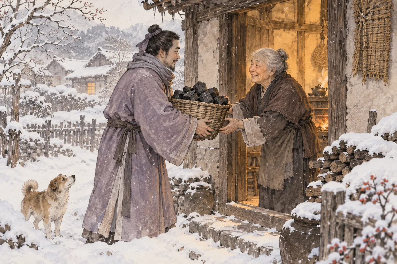 Người mang giỏ than đến một căn nhà trong tuyết.