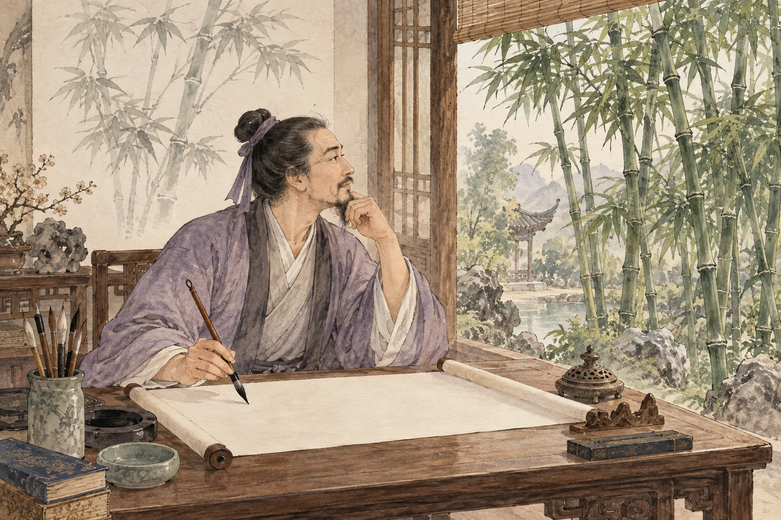 Họa sĩ quan sát bụi trúc rồi chuẩn bị vẽ.