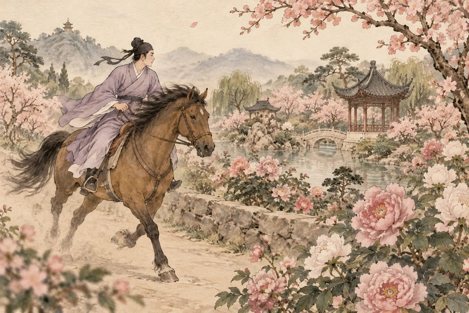 Người cưỡi ngựa đi nhanh qua vườn hoa.